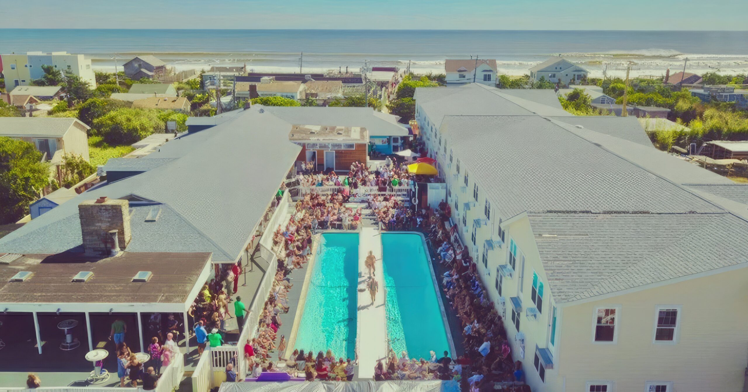 Aerial shot of Miss Fire Island pageant at Grove Hotel